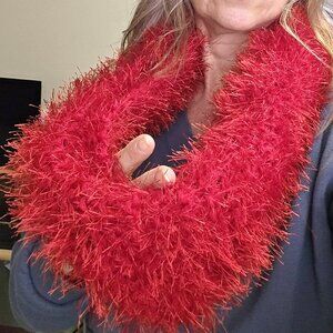 Handmade Knitted Furry Scarf, Infinity Scarf Color Red